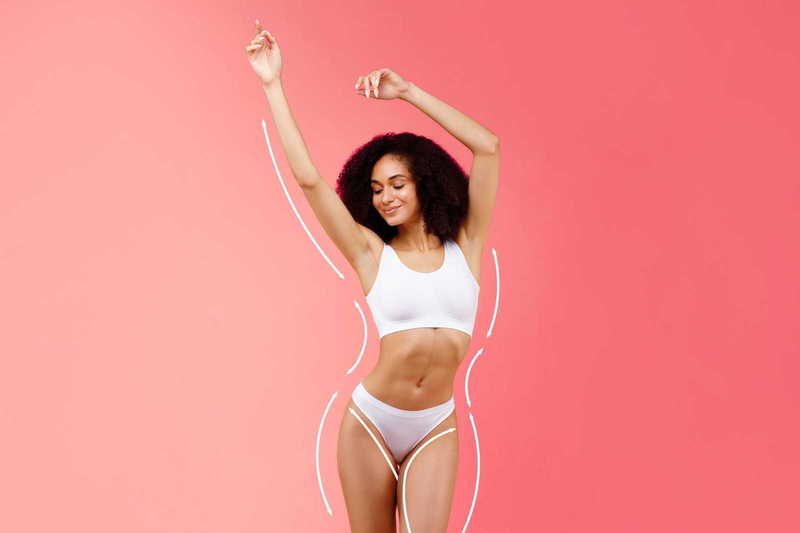 Fitness and wellness. Athletic and healthy young black lady proudly showing her toned physique, promoting the benefits of regular exercise and balanced lifestyle, color studio background, collage
