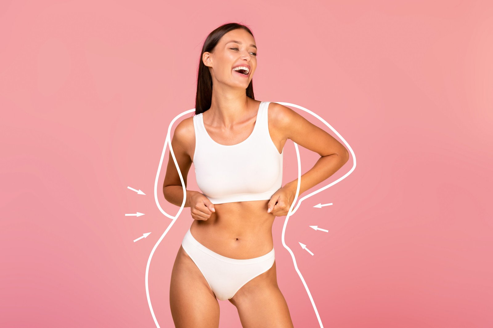 Body Care Concept. Happy Young Woman With Slim Body In Underwear Posing Over Pink Background, Joyful Millennial Female With Silhouette Outlines Around Figure Enjoying Result Of Weightloss, Collage