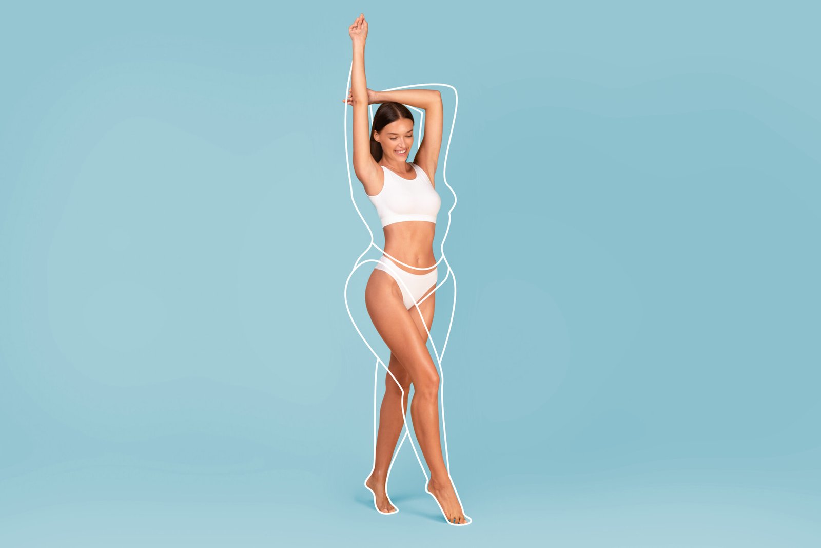 Slimming Concept. Beautiful Slim Female In Underwear With Drawn Outlines Around Her Body Standing On Blue Studio Background, Fit Young Wman Raising Hands And Smiling, Copy Space, Collage