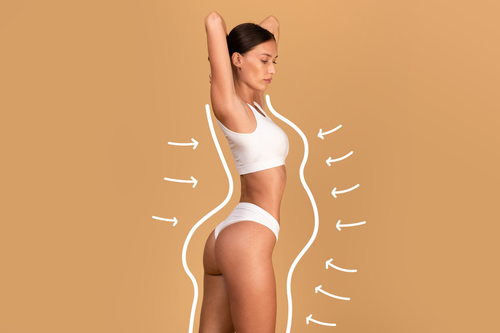 Liposuction concept. Drawn outlines with arrows around fit lady in white underwear, slender woman with perfect figure posing over beige studio background, collage