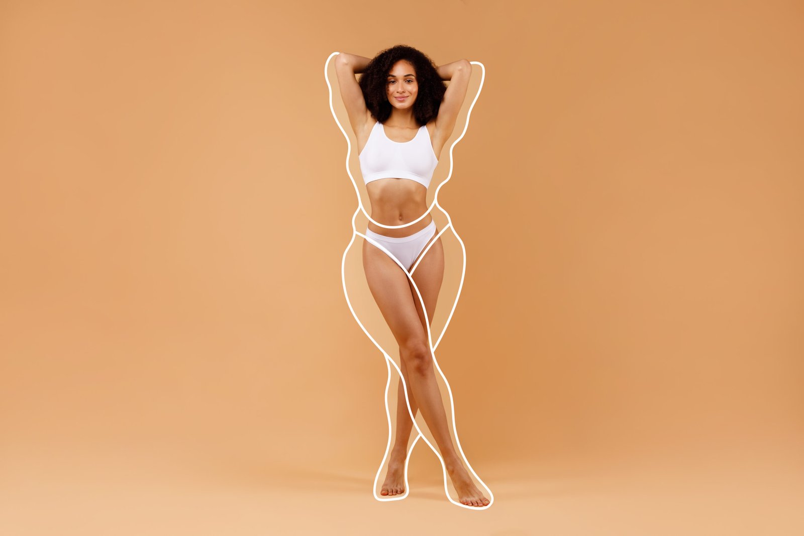 Attractive happy smiling young black woman in white underwear with chubby lady body shape showing diet results, demonstrating perfect curves, fit body, beige background, collage, copy space