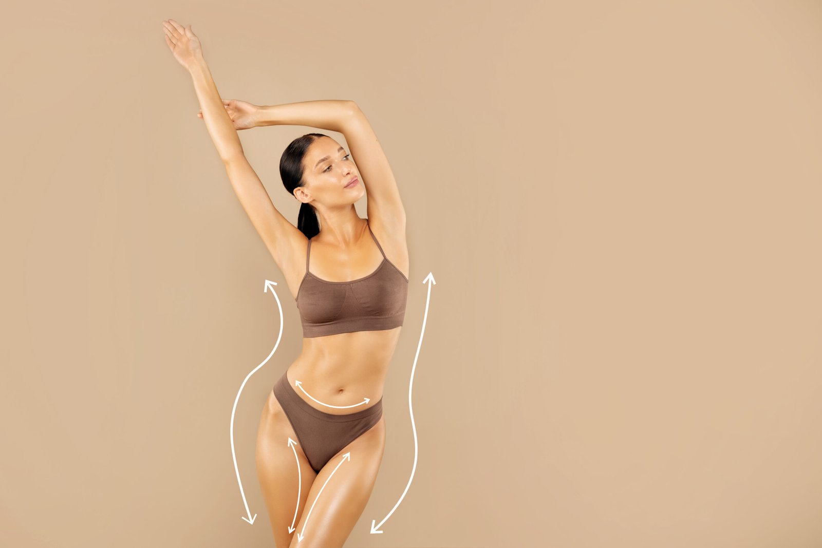 Sensual woman posing in underwear with hands raised up over beige studio background, showing beautiful body after weight loss diet, collage