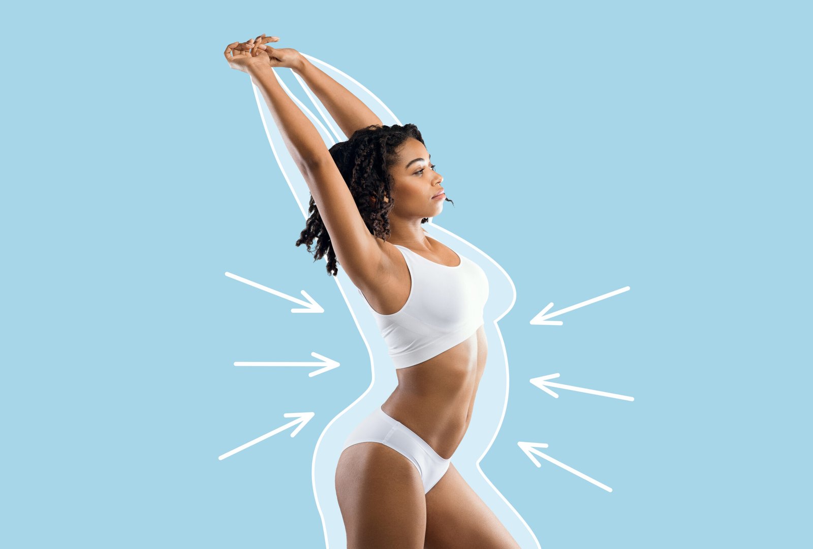 Serious young slim black lady in white lingerie enjoys weight loss result with fat abstract body around and arrows isolated on blue wall background, studio. Before and after, health, body care, diet